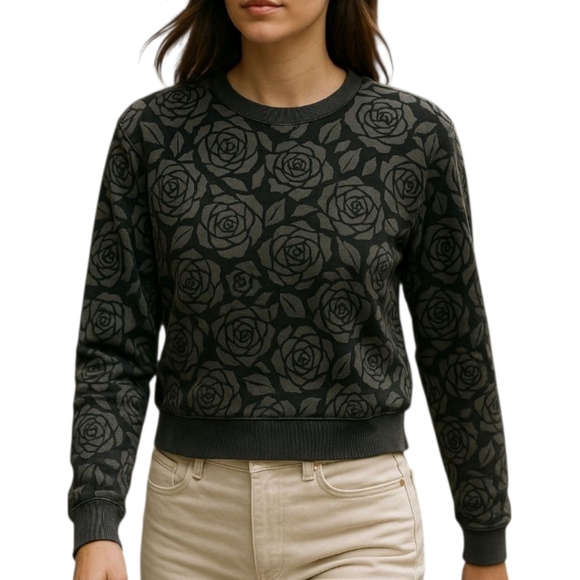 Abercrombie & Fitch Rose Print Sweatshirt Pullover Gray Black Floral Crewneck S - Picture 1 of 12